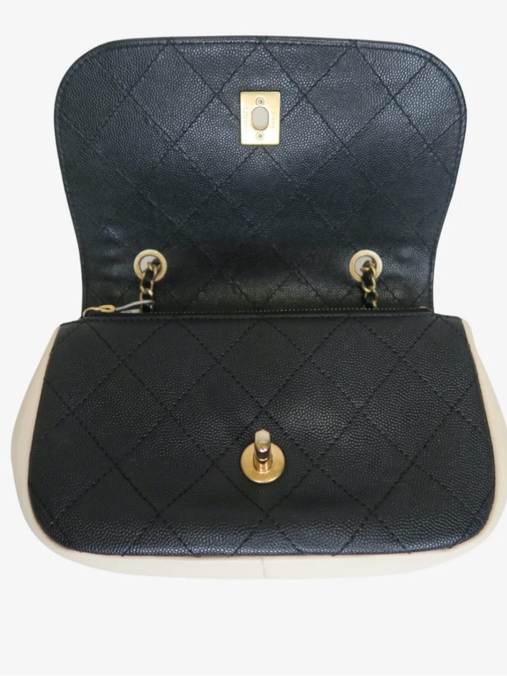 CHANEL Cream and Black Chain Trim Flap Crossbody Bag - Picture 12 of 16